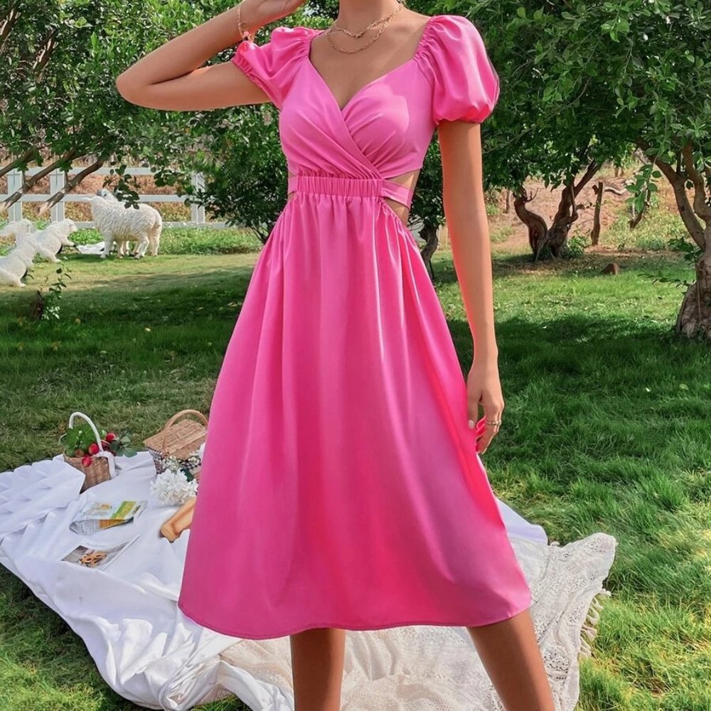 Pink Puff Sleeve Cut Out Waist Dress - Picture 3 of 6